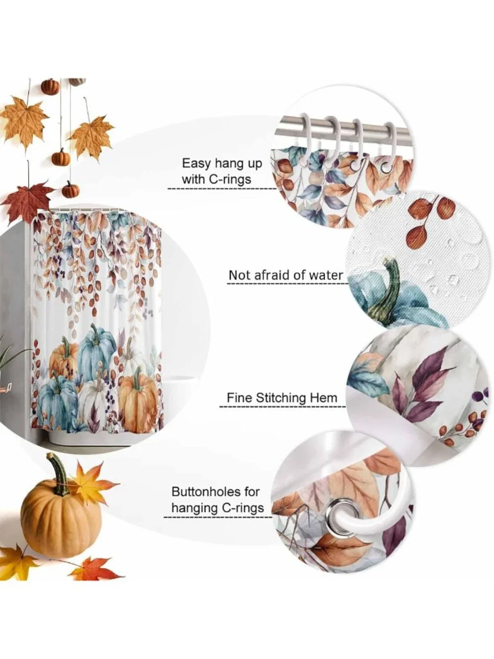 Autumn Pumpkins & Eucalyptus Shower Curtain Set, Waterproof Bathroom Decor 60x72